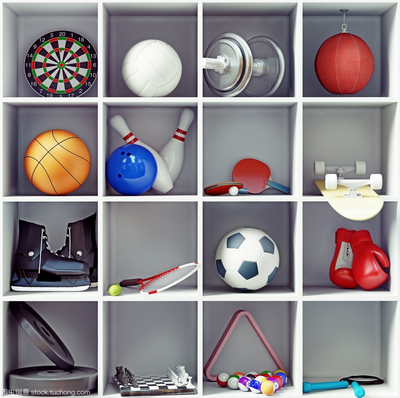 架子上的運動器材。創造性的概念